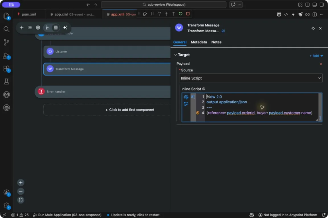 ACB Transform Message panel with Payload as the target and a DataWeave inline script.