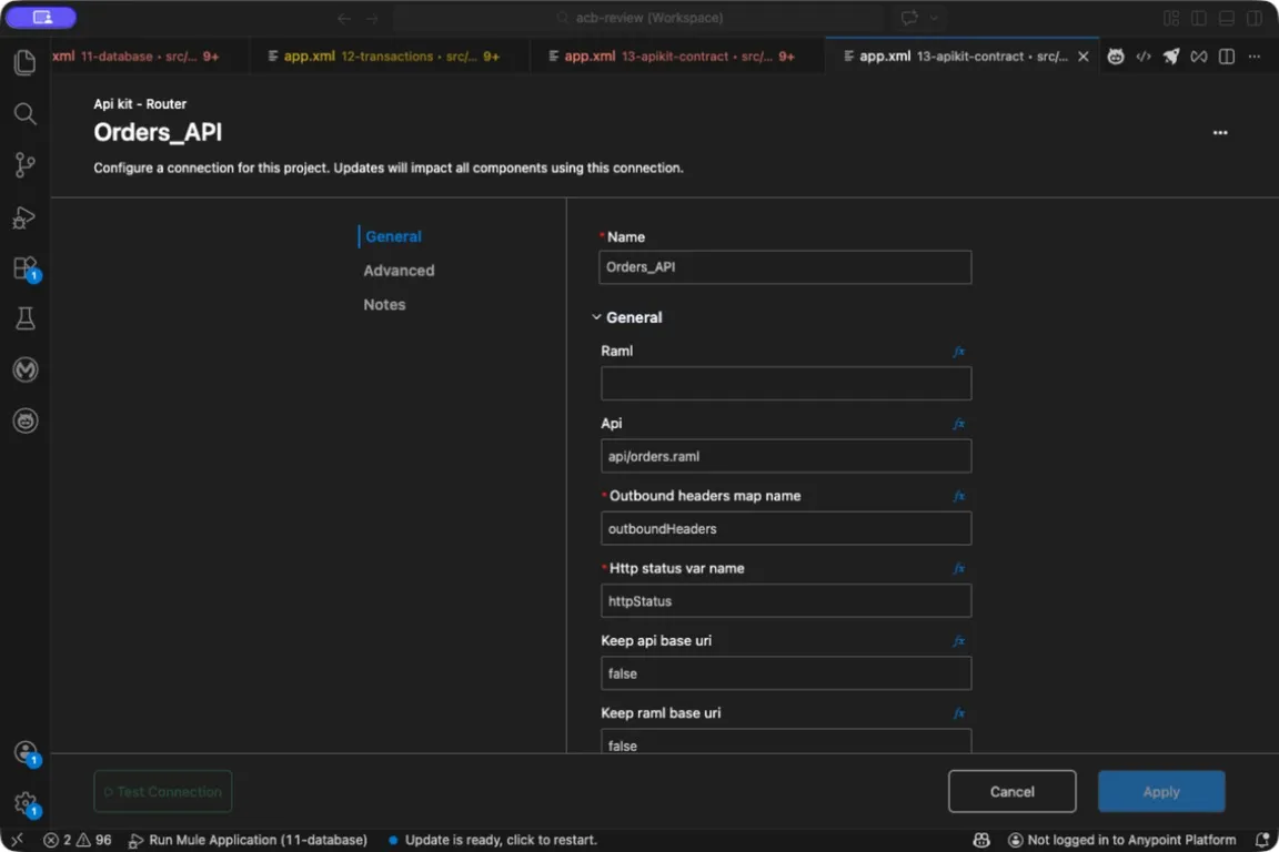 APIkit connection with Api resource and response-variable names